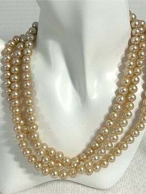 Vintage 40's 3 Strand Tiered Glass Pearl Choker Necklace Rhinestone Clasp 17"